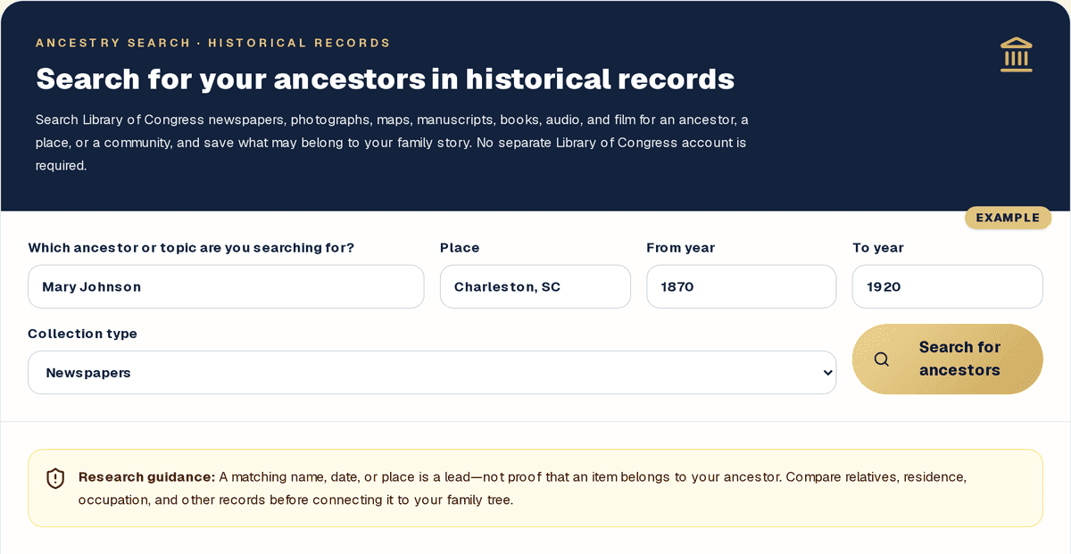 LegacyReady ancestry search form filled in with an example search: ancestor Mary Johnson, place Charleston, SC, years 1870 to 1920, newspapers collection, with a Search for ancestors button and research guidance